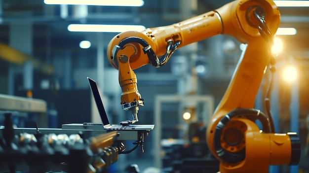 Generative AI At the Factory Automation Engineer Uses Laptop for Programming Robotic Arm New Era