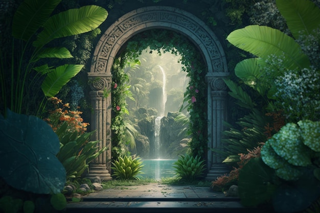 Generative AI of a fantasy garden in the middle of the jungle