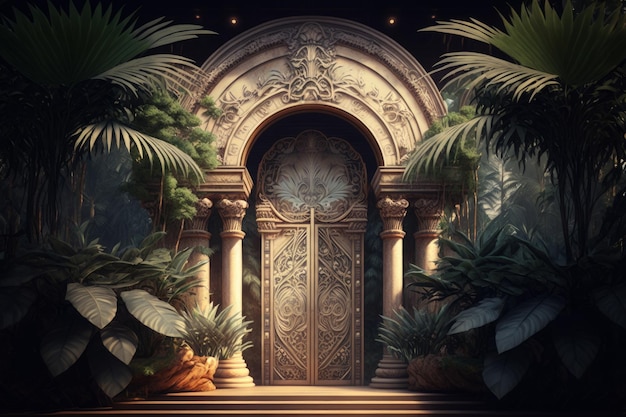 Generative AI of a fantasy room with palm trees and a door