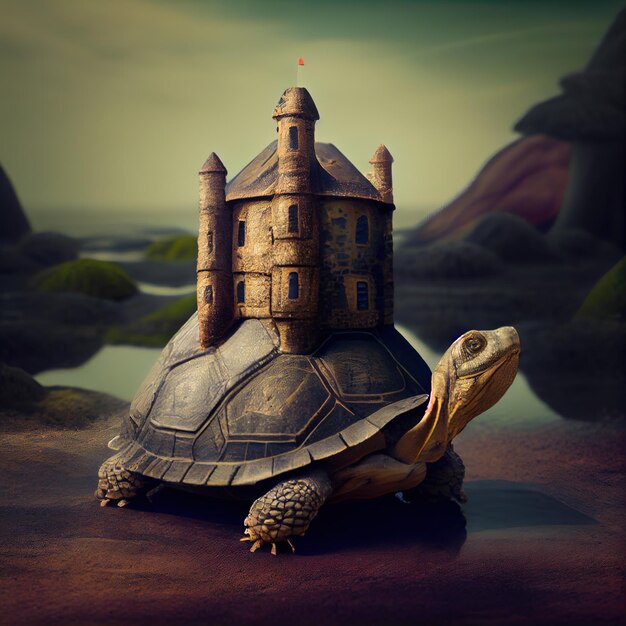 Фото Генеративная ии-фэнтезийная черепаха с замком в панцире
