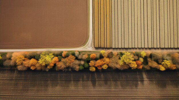 生成 AI ファーム秋の風景農業分野美しい緑黄色オレンジとベージュの田舎の田舎道自然イラスト写実的な平面図ドローン