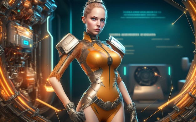 Generative AI of a female cyborg in a futuristic space suit