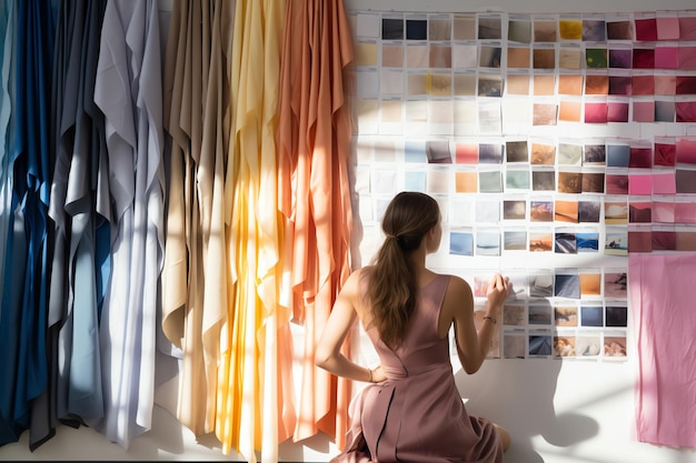 Generative AI Female hands choosing fabric for curtain indoor Woman designer combining colors and t