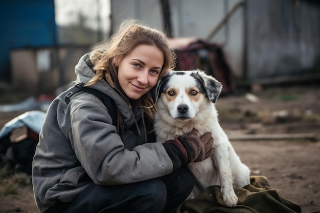 Generative AI Female volunteer with homeless dog at animal shelter outdoors