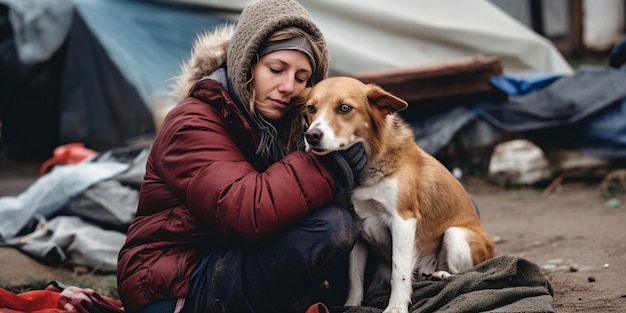 写真 屋外の動物保護施設でホームレスの犬を持つ生成 ai 女性ボランティア