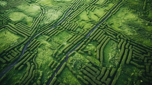 水を撒いた緑の草の生成AIフィールド空撮ドローン写真