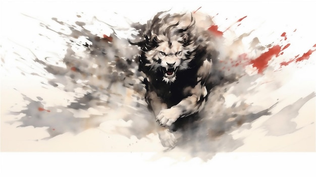 Generative AI Fierce Pursuit Watercolor Drawing of a Lion Chasing