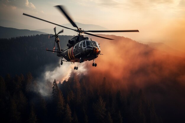 Generative AI A firefighting helicopter tries to put out the fire of a forest fire