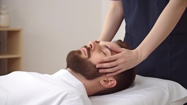 生成 AI fisioterapista Massaggia giovane paziente per curare un dolore cervice