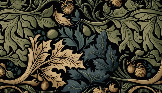 Generative AI 플로랄 컬러풀 패턴 William Morris는 자연 식물과 꽃 배경에서 영감을 얻었습니다.