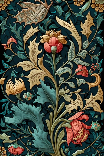 Generative AI Floral colorful pattern William Morris inspired natural plants and flowers