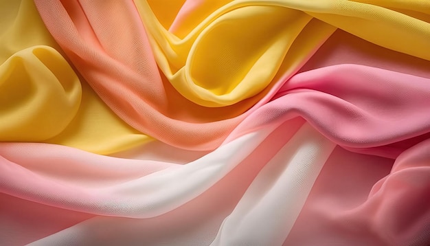 Generative AI Flowing chiffon fabric texture in light pink and yellow color Glossy spring banner