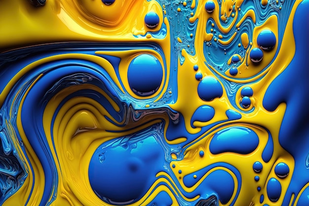 Generative AI Flowing liquid with splashes in blue and yellow color Glossy Ukrainian flag