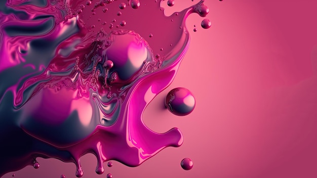 Generative AI Flowing liquid with splashes in magenta color Glossy pink fluid banner