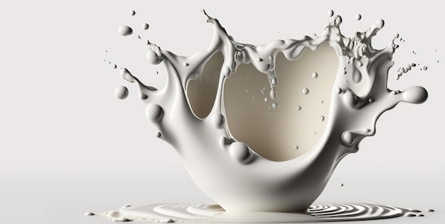 Generative AI Flowing liquid with splashes in white color Glossy cream milk fluid banner 3D