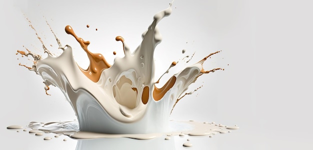 Generative AI Flowing liquid with splashes in white color Glossy cream milk fluid banner