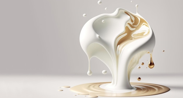 Generative AI Flowing liquid with splashes in white color Glossy cream milk fluid banner