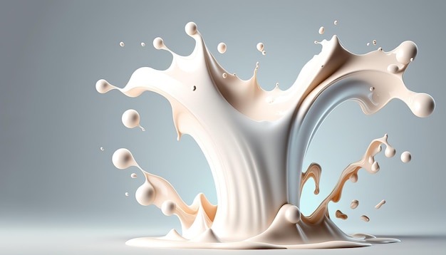 Generative AI Flowing liquid with splashes in white color Glossy creamy milk fluid banner 3D
