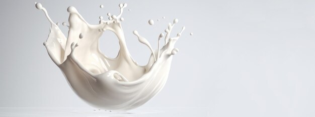 Generative AI Flowing liquid with splashes in white color Glossy creamy milk fluid banner