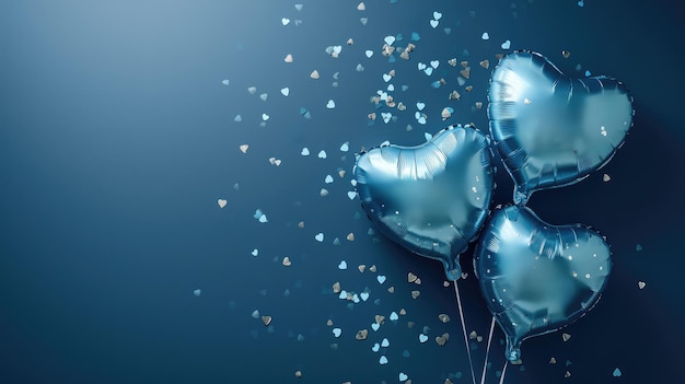 Photo generative ai foil blue balloons in heart shape and confetti for valentines day or wedding with copy spacex9xa