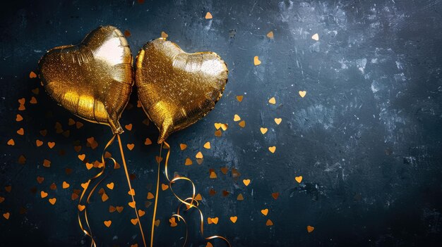 Generative AI Foil golden balloons in heart shape and confetti for Valentines day or wedding with copy spacex9xA