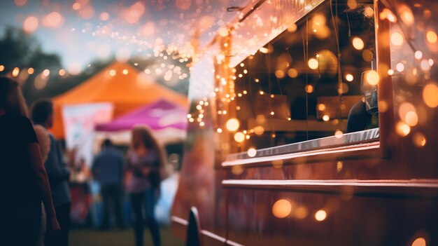 Photo generative ai food truck street festival blurred lights background atmospheric bokeh muted colors