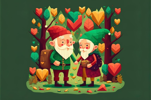 Генеративный ИИ лесной эльф, улыбающийся, пожилые пары, гибрид, день святого валентина, сердце, держащее сердце, с теплым светом, весенний фон, радостные пожилые люди, концепция дня святого Валентина, 39-й день, любовь, картон