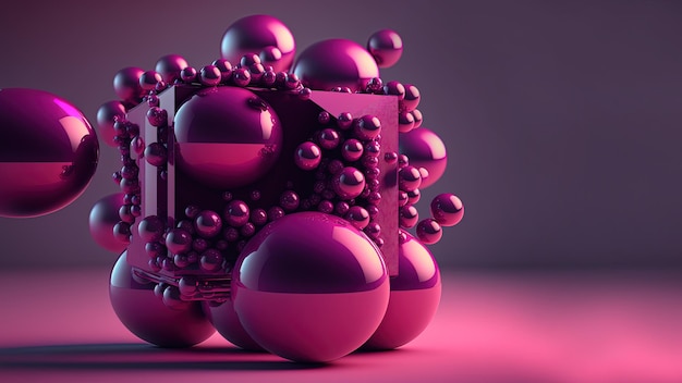 Generative AI Four big spheres and little beads balls in magenta color Glossy pink fluid banner