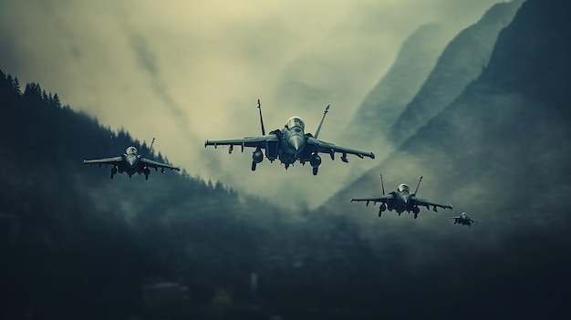 Generative AI four fighter planes in flight over some mountains