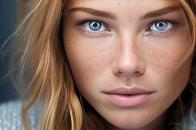 생성 AI 주근깨 금발 여성 초상화 클로즈업 파란 눈 소녀 완벽한 피부