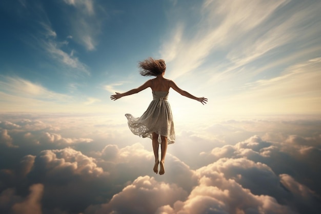 Photo generative ai freedom way and hope of women flying girl and the sky surreal art concept idea