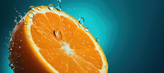 生成AI 水中の新鮮なオレンジマクロスライス オレンジと青いターコイズ色のスプラッシュ