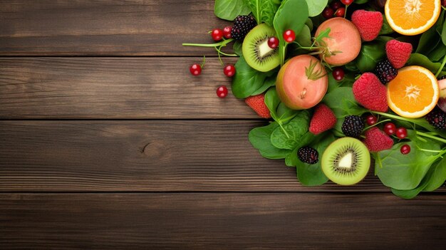 공간이 있는 빈티지 나무 배경 평면도에 과일과 채소를 곁들인 생성적 AI 신선한 샐러드