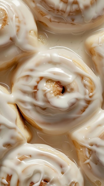 Generative AI Freshly baked cinnamon bun with white cream icing close up vertical photo