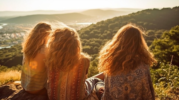 Foto ia generativa e amici che si godono le colline