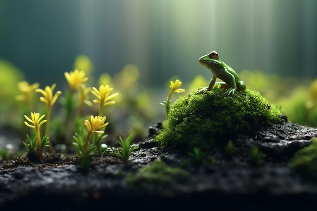 Generative AI a frog sitting on a moss plant around some small flowers