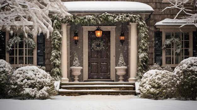 Photo generative ai front door with christmas decoration wreath and garland muted colors cottage rustic doorway