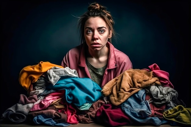 Generative AI frontal shot illustration of woman with worried face and gesture surrounded by dirty laundry