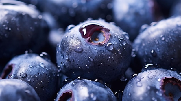 Photo generative ai fruits and vegetables group of fresh wet blueberries closeup shot
