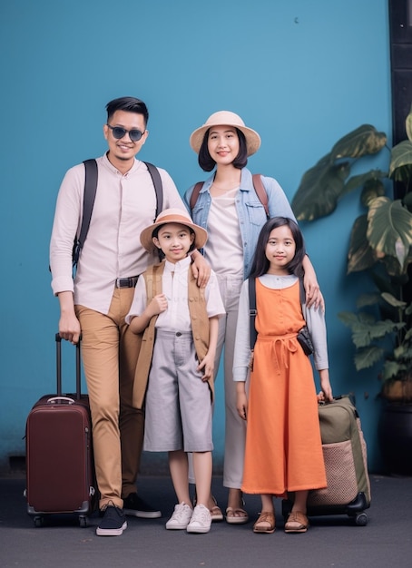 Generative AI Full body happy parents and kids with luggage and toy plane smiling and looking at c