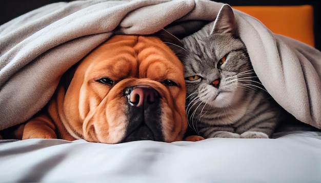 Generative ai furry best friends a cat and dog cuddle up on a cozy bed
