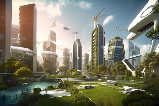 Generative ai futuristic city skyline focused on sustainability