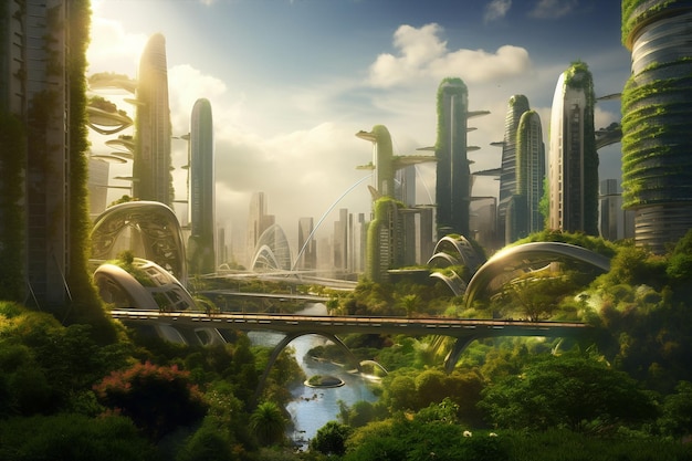 Generative ai futuristic city skyline focused on sustainability