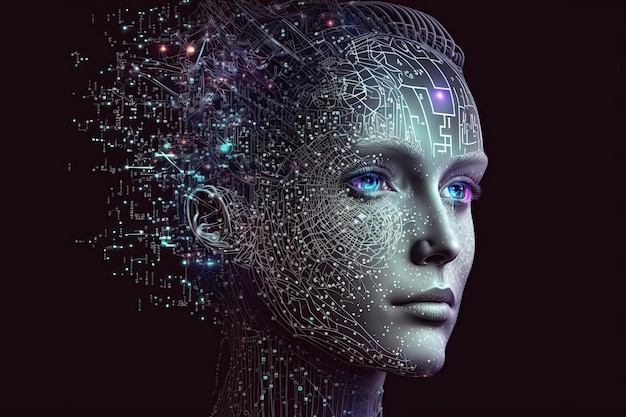 Generative AI Futuristic face female humanoid robot A Technological Future information space Cop