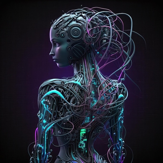 Generative AI Futuristic female humanoid robot from which many metal wires depart Future