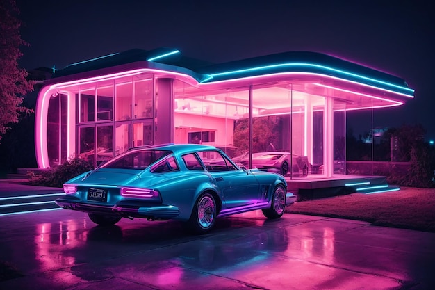 Generative ai futuristic glass house neon pink amp blue light night scene car parked outdoors fut