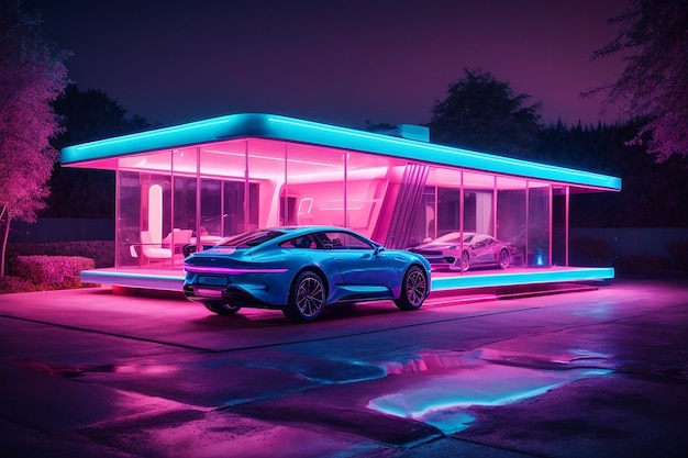 Generative AI Futuristic Glass House Neon Pink amp Blue Light Night Scene Car Parked Outdoors Fut