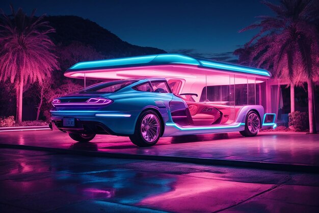 Generative ai futuristic glass house neon pink amp blue light night scene car parked outdoors fut