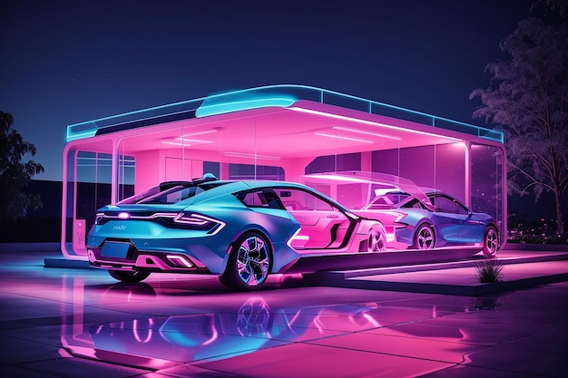 Generative AI Futuristic Glass House in Neon Pink Blue Light with Car Parked Outdoors at Night