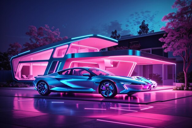 Generative ai futuristic glass house in neon pink blue light with car parked outdoors at night